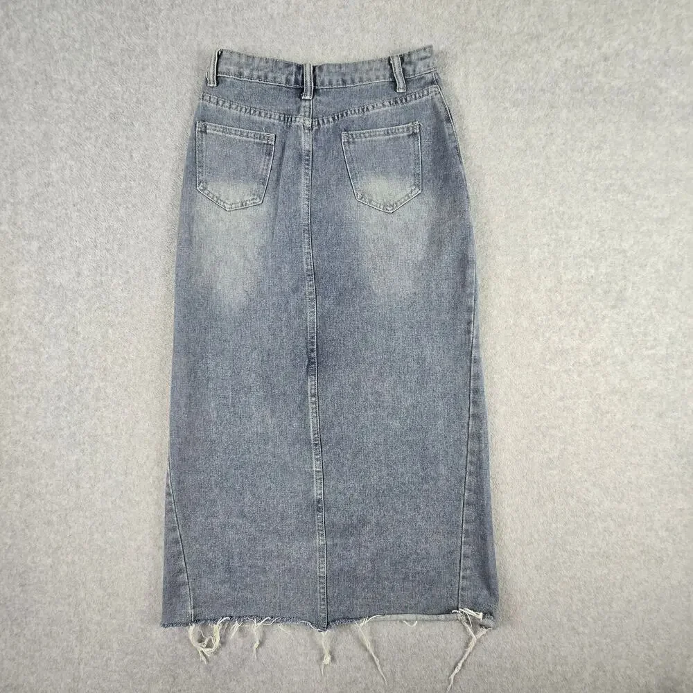 🌼Shein Skirt Womens Size 26 Denim Maxi Pencil Frayed Hem - Picture 2 of 9